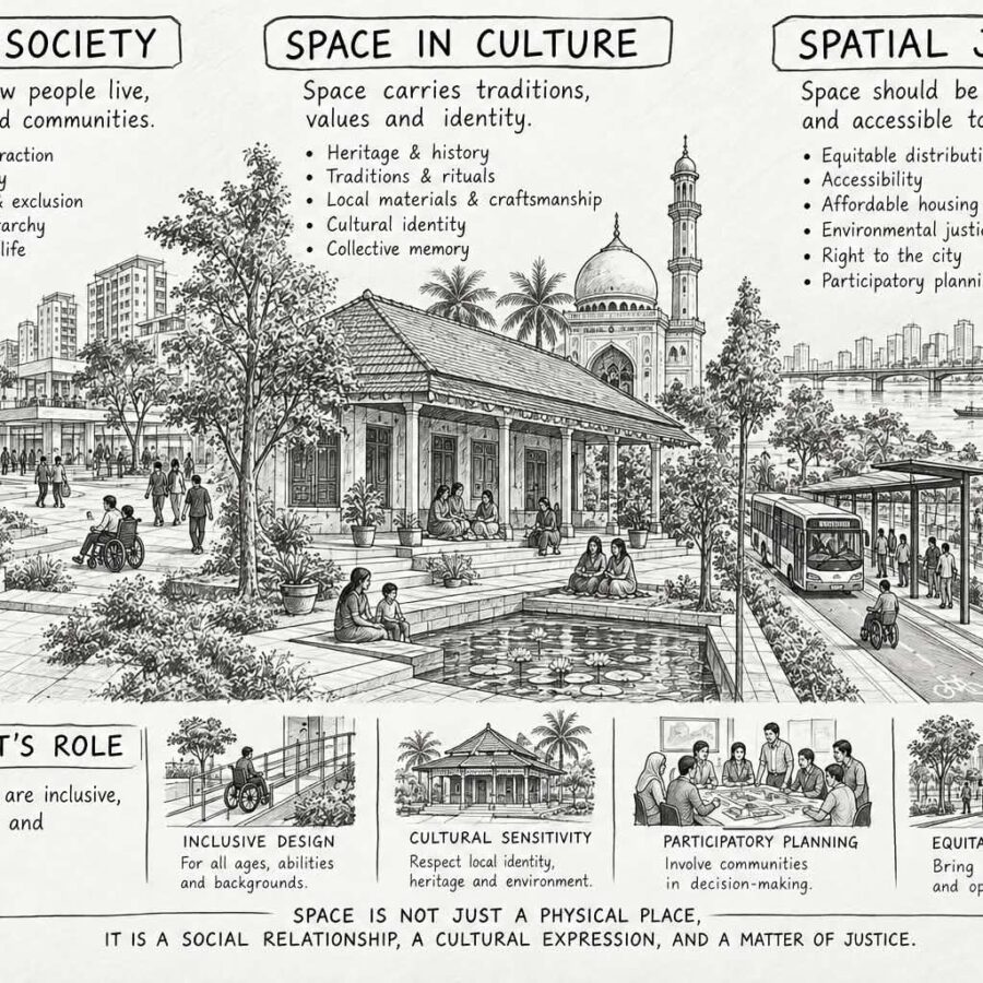 Black and white infographic about society, culture, and spatial justice