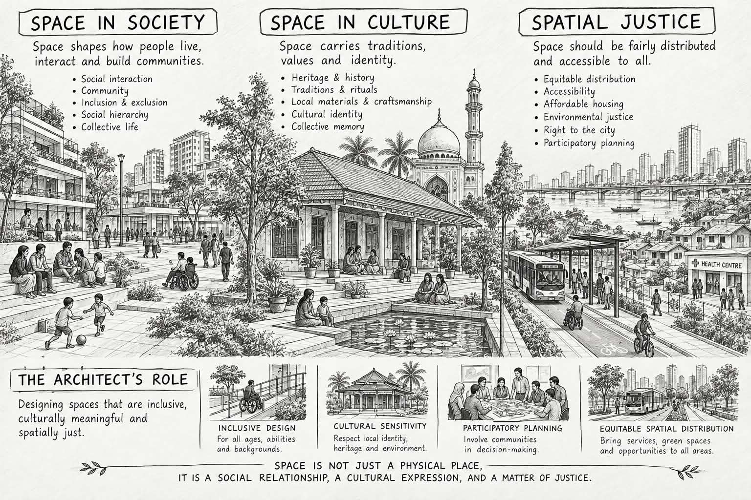 Black and white infographic about society, culture, and spatial justice