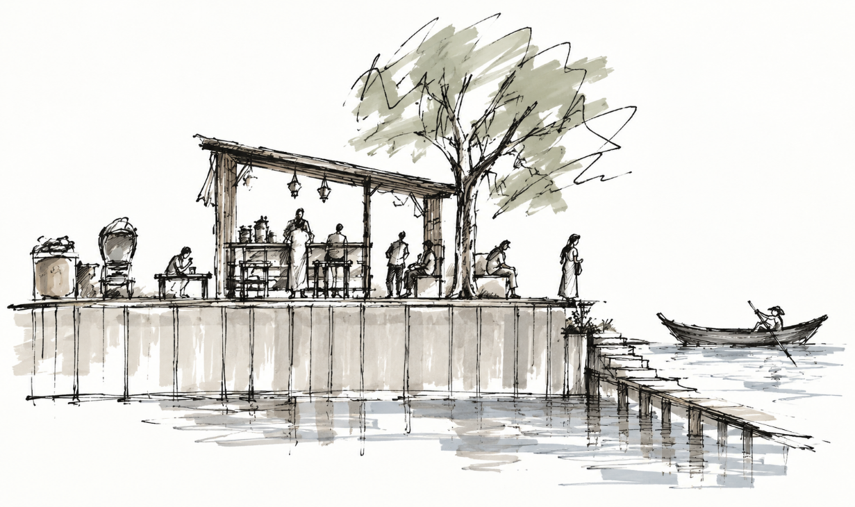 Architectural-style illustration of a small stall, tree, seating, steps and boat beside a river