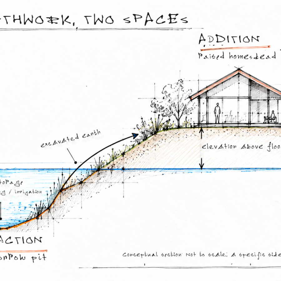 Conceptual cross-section showing excavated pond soil used to raise a rural homestead above floodwater.